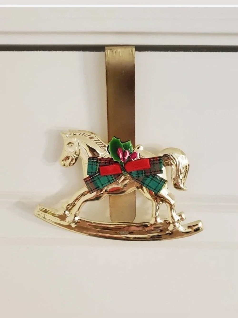 Vintage Rocking Horse Christmas Wreath Hanger Metal Gold Tone
